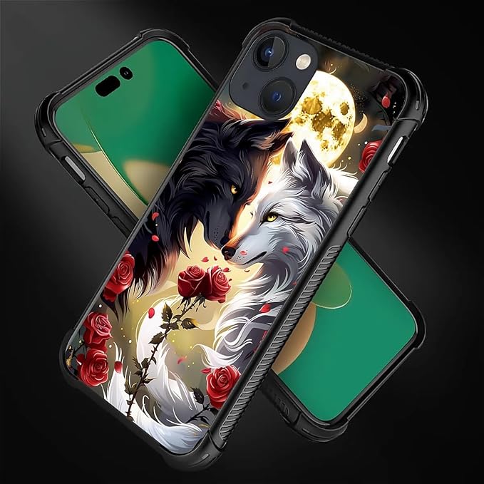 for iPhone 14 Plus Case, Black White Wolf Moon Flower Rose Pattern Made of Soft Silicone Hard Acrylic Shock Protection for iPhone 14 Plus