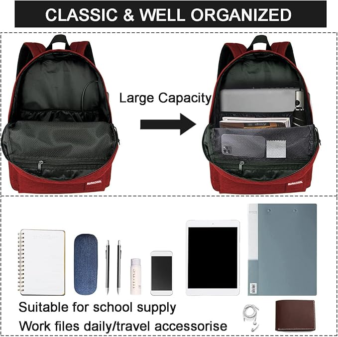 SUPACOOL Casual Laptop Backpack for Men and Women, Pencil Pouch, School Backpack with USB Charging Port, Bookbag for Boys and Girls(Garnet set)