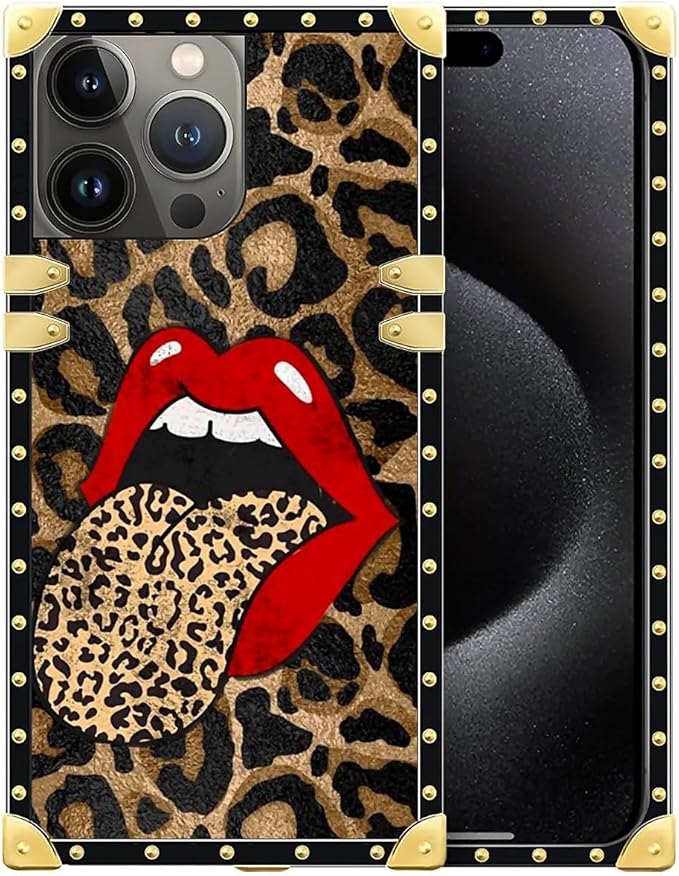 Compatible with iPhone 16 Pro Max Case, Brown Leopard Print Mouth Luxury Golden Decoration for Girl Women Soft TPU Shockproof Protective Hard PC Back for iPhone 16 Pro Max
