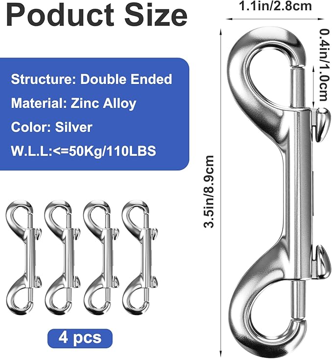 4 PCS Snap Hooks, 3.5 Inch Double Ended Snap Hooks Multipurpose Carabiners for Pets Leashes, Water Buckets, Keys & More Indoor Outdoor Use for Home & Farm