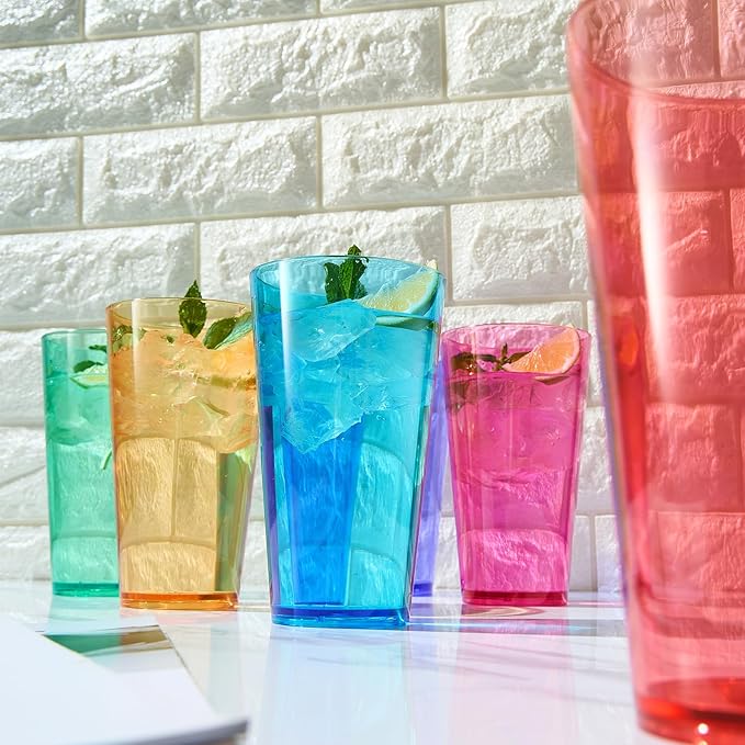 Khen Classic Plastic Reusable Drinking Glasses (Set of 6) Restaurant Cups Style 20 oz Acrylic Unbreakable Water Tumbler, Juice, Wine Cups | BPA-Free | Top-Rack Dishwasher Safe, Tritan Shatterproof