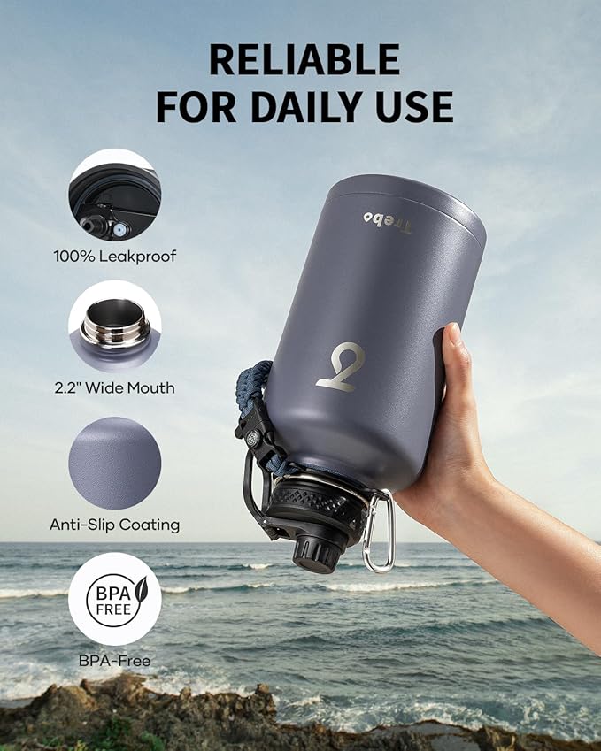 Trebo Water Bottle 64oz with Paracord Handle, Half Gallon Large Vacuum Triple Wall Stainless Steel Insulated Water Jug with Holder Strap Straw Spout Lids, Leakproof Keep Cold & Hot, Grayish purple