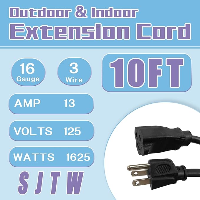 Indoor Outdoor Extension Cord 10 FT, 16/3 SJTW Weatherproof Black Electrical Cords, 13 AMP Heavy Duty 3 Prong Power Cable Great for Garden, Landscaping & Holiday Decorations