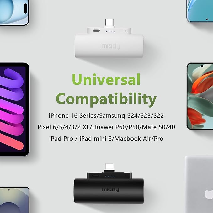 Miady 2-Pack 5000mAh Mini Portable Charger with Built-in Type C Connector, 5V 2.4A USB-C Output Fast Charging Small Power Bank Compatible with iPhone 17/16 Galaxy S24/S22 iPad (2 Black)