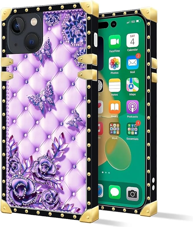 Compatible with iPhone 14 Case, Purple Butterfly Flowers Leaf Luxury Golden Decoration for Girl Women Soft TPU Shockproof Protective Hard PC Back for iPhone 14