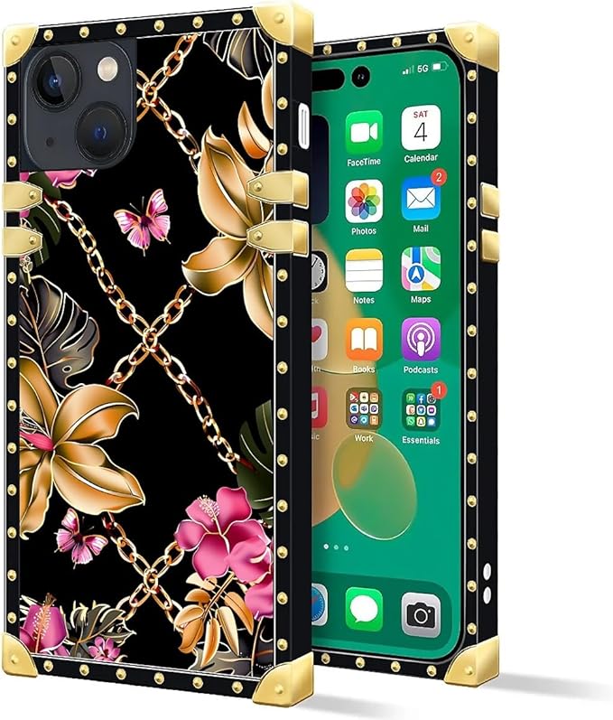 Compatible with iPhone 14 Case, Pink Golden Chain Tropical Flower Luxury Golden Decoration for Girl Women Soft TPU Shockproof Protective Hard PC Back for iPhone 14