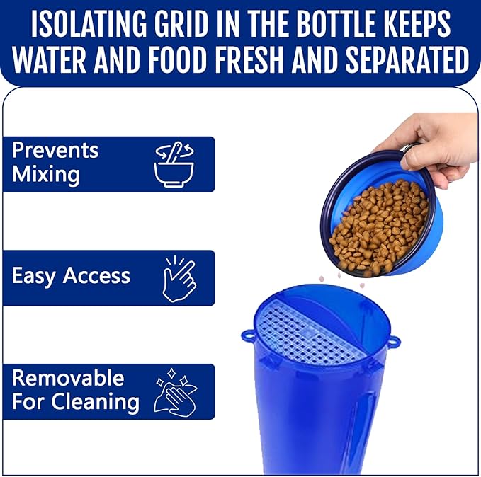 Dog Travel Water Bottle W/Collapsible Bowls - Portable 2 in 1 Leakproof Pet Water Bottle Food Container Ideal for Travel, Outdoor Portable Water Bowls for Walking, Camping & Hiking - (Blue)