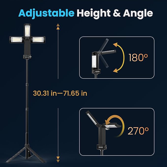 CAVN Rechargeable Camping Lights with Remote & Detachable Tripod Max Height 6.0 ft, Portable Work Light with 3 LED Lamp Heads, Camping Essentials Gear Emergency Flashlight with Hook, Black