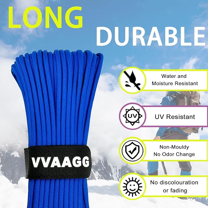 VVAAGG 1000 Blue Paracord Rope 100FT, 4mm Parachute Cord Utility 12 Strand Nylon Rope for Camping, Tent, Clothsline, Outdoor Hiking, Fishing (Blue, 100FT)