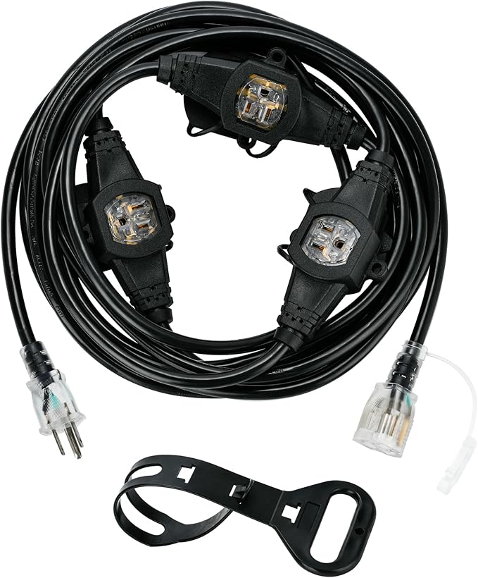 20FT 16 Gauge Multi-Outlet Outdoor Extension Cord, 4 Evenly Spaced Weatherproof Outlets, Great for Stage Backdrops, Landscape Garden Lighting, Christmas Decorations ETL
