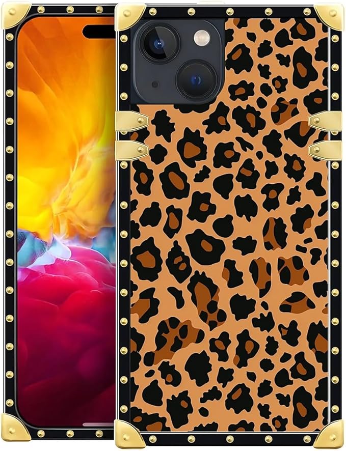 Compatible with iPhone 15 Case, Brown Leopard Texture Luxury Golden Decoration for Girl Women Soft TPU Shockproof Protective Hard PC Back for iPhone 15