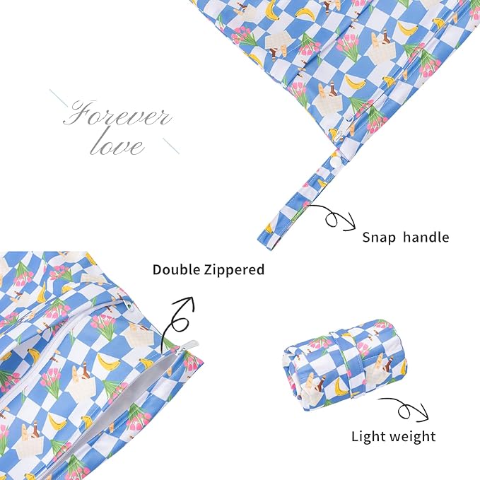 ALVABABY 2pcs Waterproof Wet Dry Bags,Reusable with Two Zippered Pockets, baby cloth diaper wet bags,Travel,Beach,Pool,Daycare,Soiled Baby Items,Yoga Gym Bag,wet bag for swimsuit LW0910