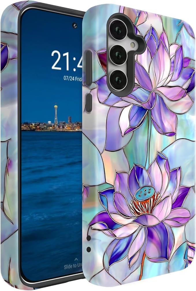 Compatible for Samsung Galaxy S25 5G Case, Dual Layer Heavy Duty 2 in 1 Shockproof Protective Phone Case,Stained Glass Lotus Flowers