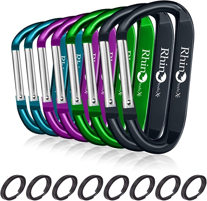 Rhino Produxs 8PCS of Lightweight Duty Snap Carabiner Clips, D Ring Shape Carabiner with 8PCS Keyring - Excellent for Outdoor, Camping, Hiking, Keychains, Water Bottle, Keychain Hook