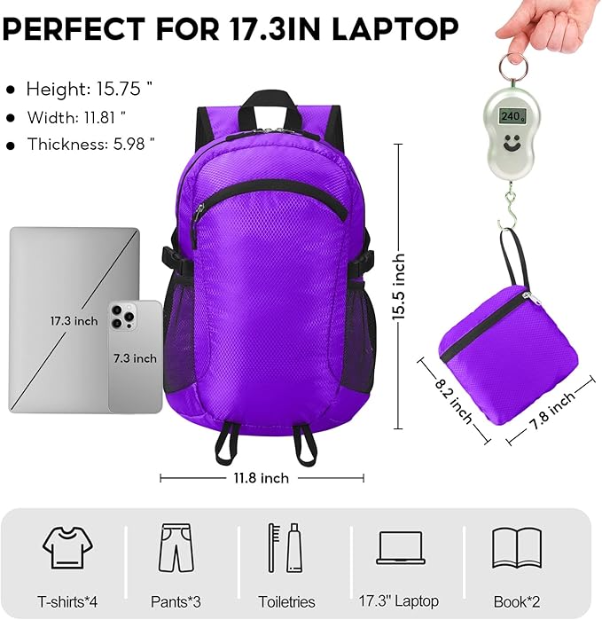 Small Hiking Backpack 15L Travel Lightweight Hiking Packable Daypack Water-Resistant Foldable Backpacks for Women Men Camping (Purple)