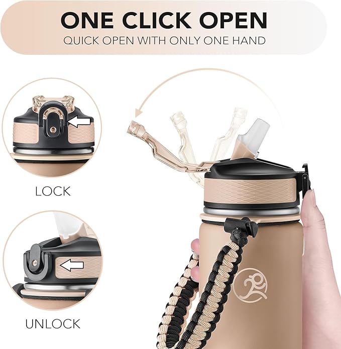 GOSWAG Insulated Sports Water Bottle, 24oz 2 Lids(with Straw/No Straw), Stainless Steel Water Bottles with Paracord Handle, Insulated Bottle with Double-Wall Vacuum Insulation