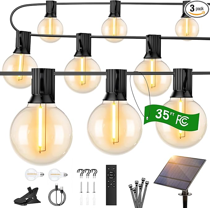 OHLUX 30FT Solar String Lights Outdoor, Waterproof Solar Patio Lights with Remote, 17 Shatterproof LED Filament G40 Globe Bulbs, 2200K Soft White, Dimmable Outside Hanging Light for Backyard Deck