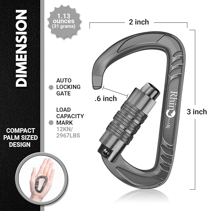 Rhino Produxs 12kN (2697 lbs) Heavy Duty Carabiner Clips, for Securing Pets, Outdoor, Camping, Hiking, Hammock, Dog Leash Harness, Keychains