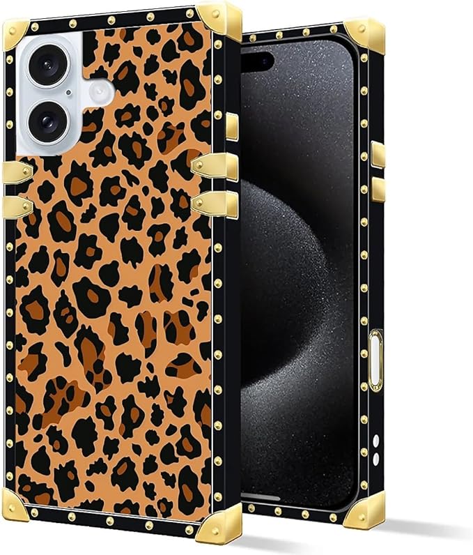 Compatible with iPhone 16 Case, Brown Leopard Texture Luxury Golden Decoration for Girl Women Soft TPU Shockproof Protective Hard PC Back