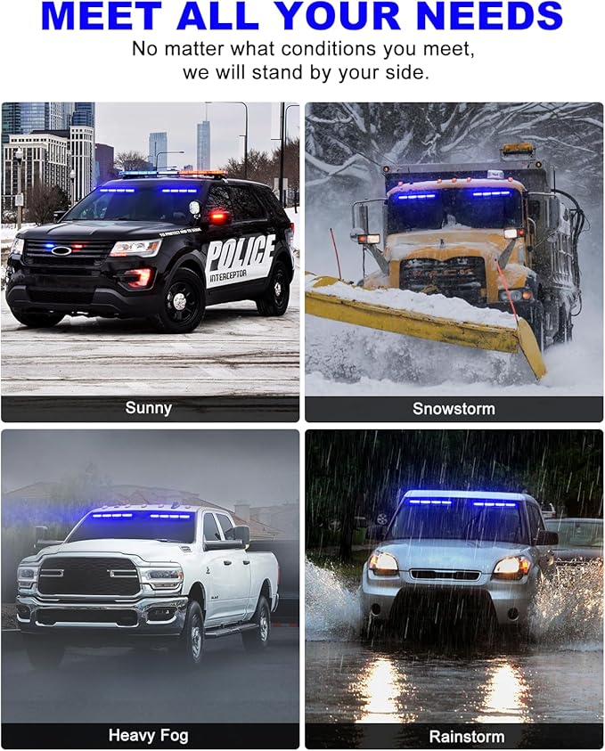 HLauto 6Z4J Emergency Dash Strobe Lights: 2x16.8 inch Blue Safety Lights, 48 LED Flashing Warning Hazard Interior Windshield Visor Traffic Light Bar for Trucks, Construction Vehicles