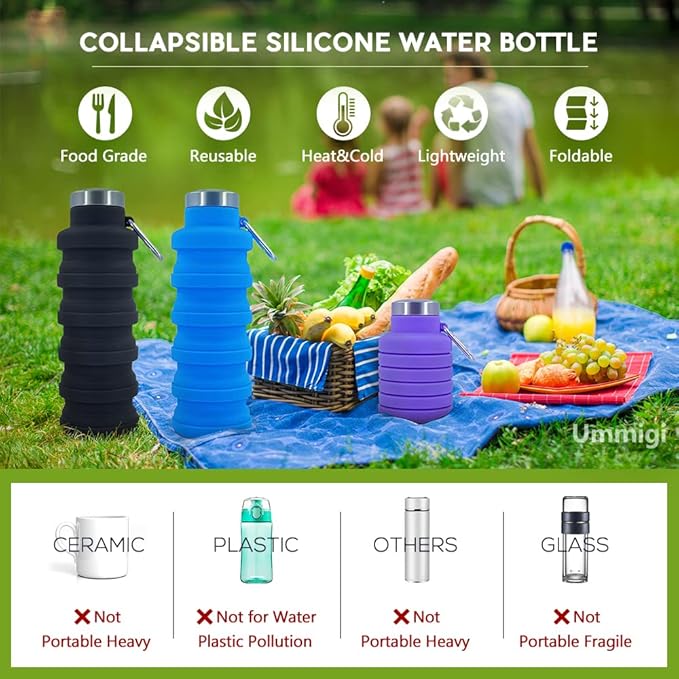 Collapsible Water Bottles，17oz Large capacity Silicone Water Bottle with Carabiner，Reusable Foldable Lightweight Sports Water Bottle for Travel Gym Camping Hiking (Black + Green)