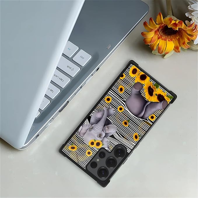 for Samsung Galaxy S25 Ultra Case,Graphic Design for Girl Boy Soft Silicone Hard Acrylic Shock Protection Designed Cute Little Elephant Sunflower White Line Art Pattern