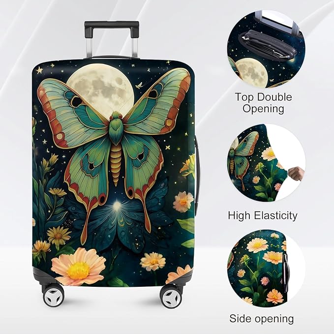 Moonlit Butterfly Flower MothTravel Luggage Cover -Stretchable Airplane Suitcase Protector Sleeve,Universal Washable Fit for 20-22 Inch Checked Baggage,Water Resistant Durable Luggage Protector