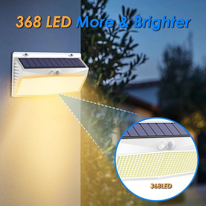 Peasur 2 Pack 368 LED Solar Lights Outdoor Motion Sensor, Solar Fence with 3 Lighting Modes, Powered Security Waterproof for Outside Yard Wall Garden,White Warm