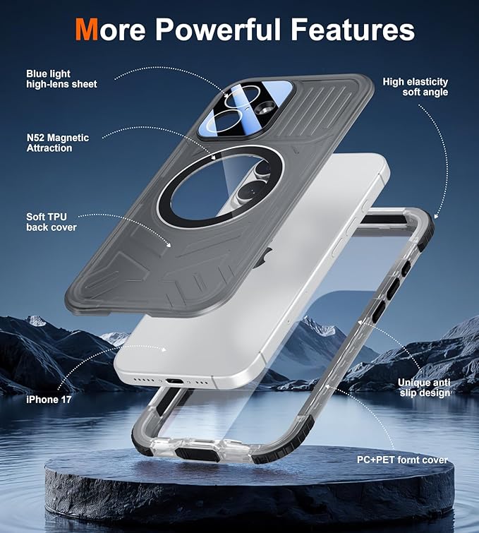 SPIDERCASE Magnetic for iPhone 17 Case Waterproof,[Built-in Screen & Camera Protector] [IP68 Underwater] 12FT Military Shockproof, Dustproof, Anti-Scratched Phone Case,Black/Clear