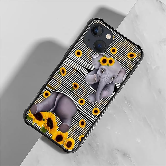 for iPhone 13 Mini Case, Cute Little Elephant Sunflower White Line Art Pattern Made of Soft Silicone Hard Acrylic Shock Protection for iPhone 13 Mini