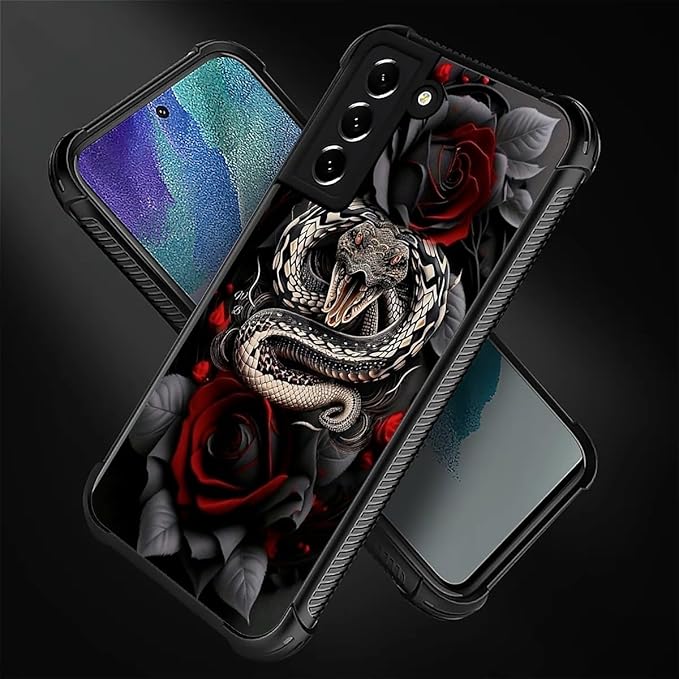 for Samsung Galaxy S22 Case, Entwined Rose Snake Pattern Graphic Design Girl Boy Soft Silicone Hard Acrylic Shock Protection for Samsung Galaxy S22