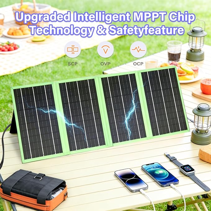 New Tech 60W Portable Solar Panel Charger with USB C, USB A and DC Ports, Outdoor IP67 Waterproof Flodable Solar Charger for Camping, Hiking, Backpacking, High Efficiency Fast Charging