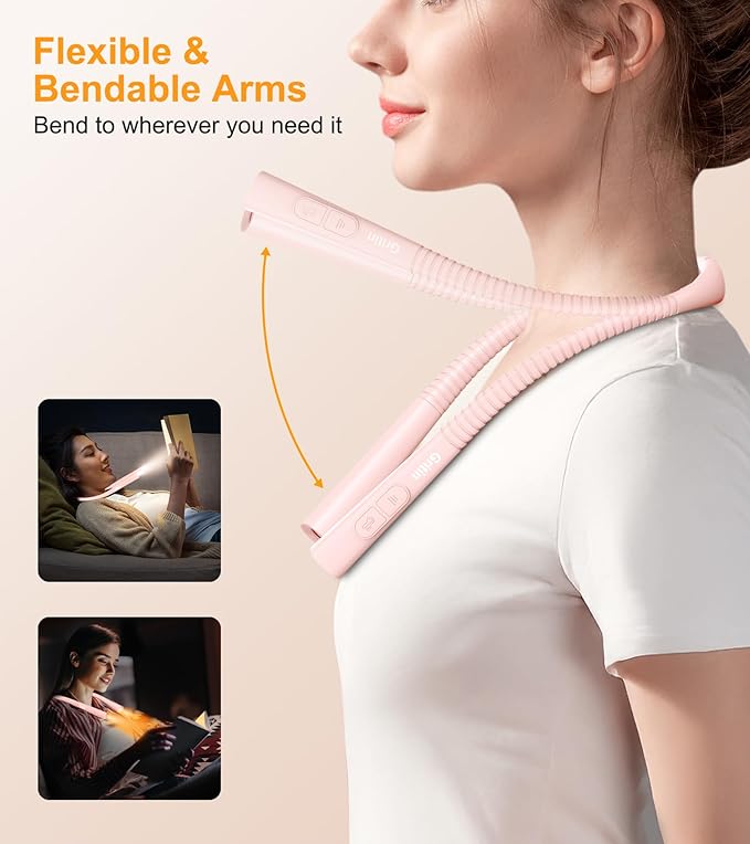 Gritin Book Light, Eye Caring 4-Color & 5-Brightness Neck Light Reading Light- Stepless Dimming,30-min Timer,80+ Hrs Runtime,Bendable Round Neck Design, Lightweight for Reading-Pink