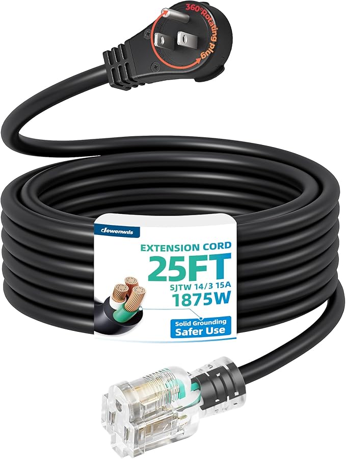 DEWENWILS 360° Rotating Flat Plug Extension Cord, 25FT Black Extension Cord, 3 Prong 14/3 Gauge Grounded Power Cord, Lighted Outlet, 125V/15A/1875W, STJW for Outdoor/Indoor, ETL Listed