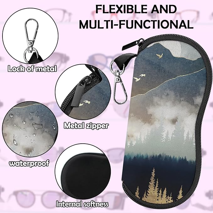 Glasses Case Sunglasses Eyeglass Soft Case Zipper Light Neoprene Pouch with Metal Belt Clip Aesthetic Cute Women Men