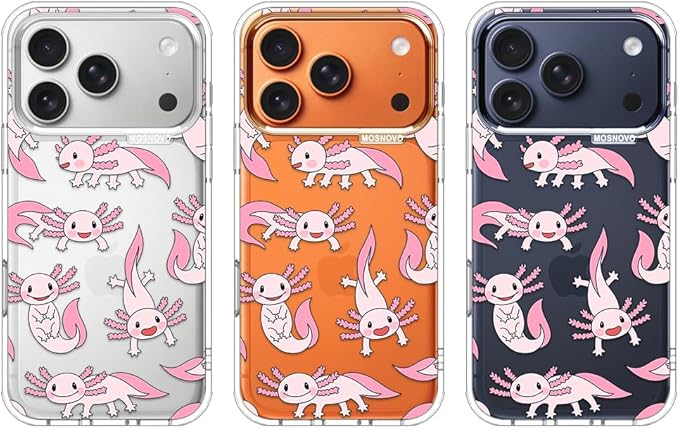 MOSNOVO for iPhone 17 Pro Case | Military Grade 6.6ft Drop Tested | Camera Control | Clear with Pink Axolotl Design