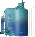 BUZIO 1 Gallon Water Jug with Straw Lid, 128oz Water Bottle Stainless Steel Triple Wall Hydro Jug 18/8 Food Grade Thermo Mug Keep Cold 48H & Hot 24H, Gradient Cyan