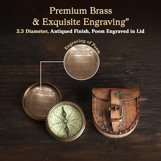 Wind & Weather Antiqued Brass Poem Compass with Leather Case
