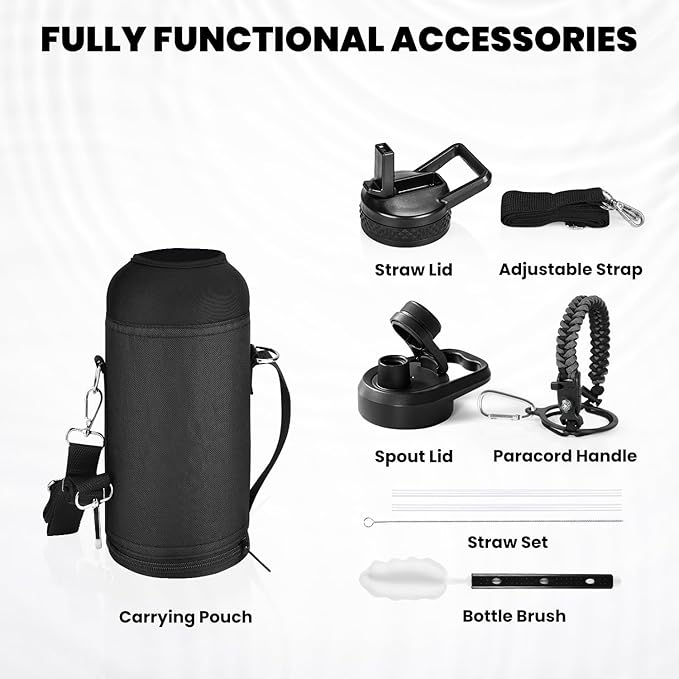 RAYMYLO Insulated Water Bottle 32 oz, Triple Wall Vacuum Stainless Steel (Cold for 24Hrs, Hot for 12Hrs), Leak Proof & Non-BPA, Modern Water Flask Jug with Paracord Handle & Straw Spout Lids
