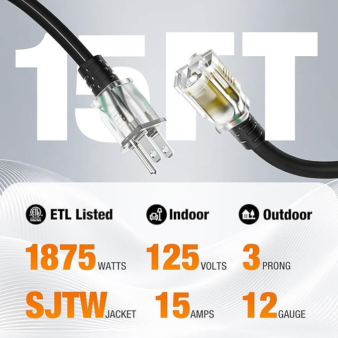 Outdoor Extension Cord 15 FT Waterproof, 12/3 Gauge Heavy Duty 3 Prong Power Cord with Lighted Indicator End, 15A 125V 1875W SJTW, ETL Listed, Great for Lawn/Garden/Home(Black)