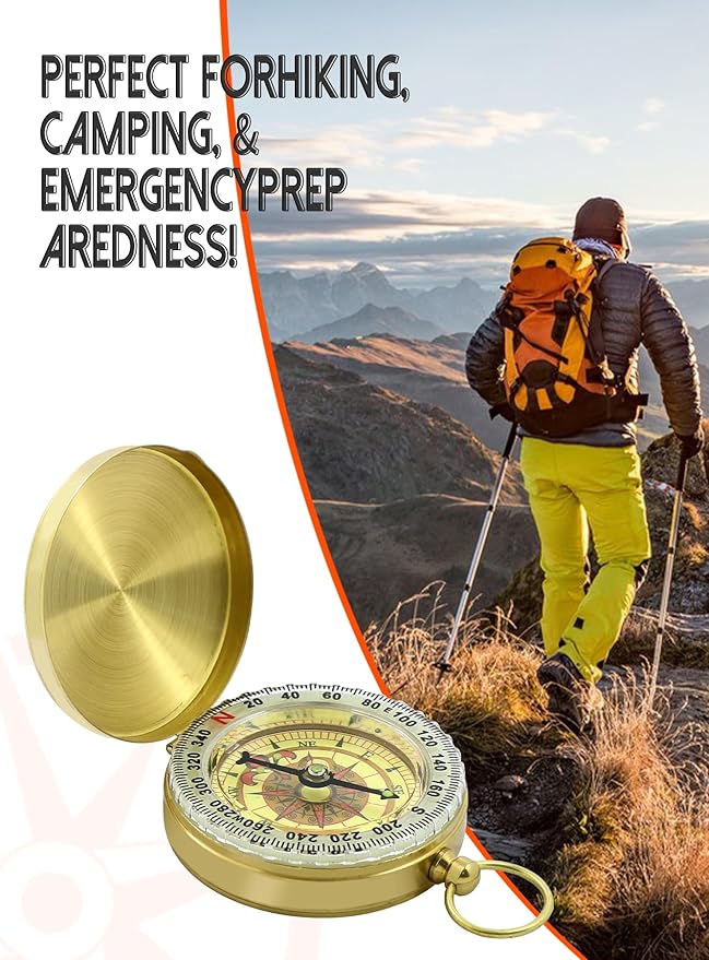 Waterproof Brass Compass for Hiking, Survival & Navigation – Large Dial Pocket Compass with Keychain Loop, Ideal Metal Brujula de Mano for Kids, Scouts, Hunting & Compass Gifts for Men