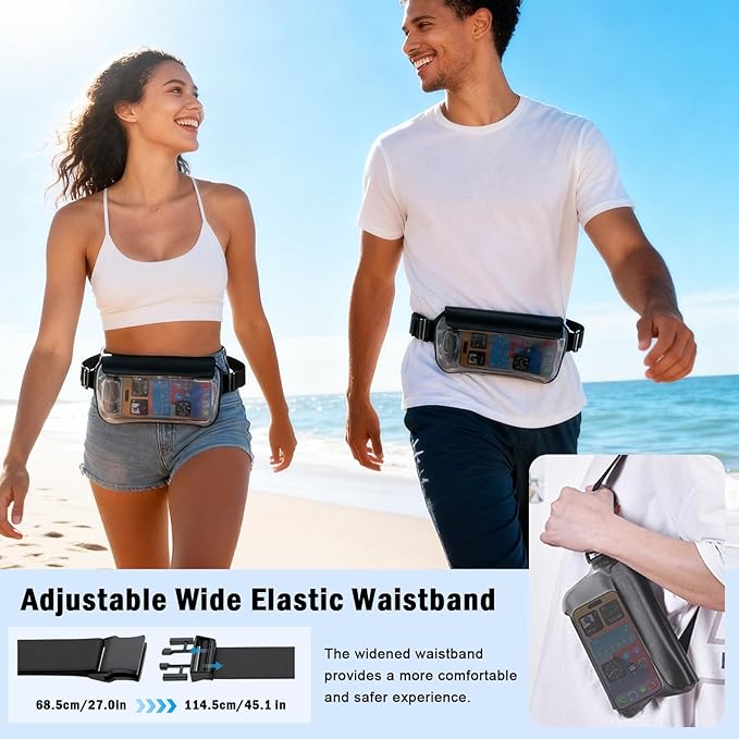 Waterproof Waist Bag, Passport Wallet Tote, IPX8 Waterproof Rating, Underwater-Use Phone Pouch, TUP Dry Bag, Ideal for Diving, Swimming, Kayaking (2-Pack Set in Black)