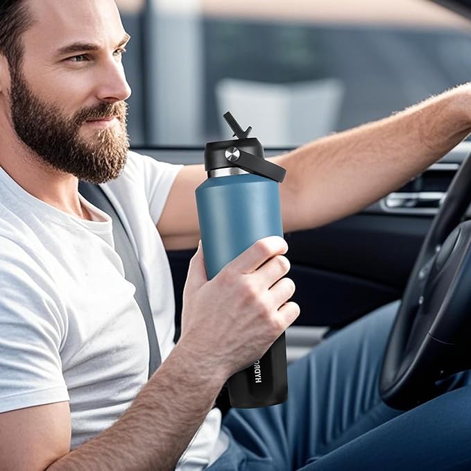 HYDROWION 32 oz Insulated Water Bottle, Car Water Bottle Holder - Double Wall Vacuum Insulated Travel Bottle with Straw Lid, Spout Lid and Flex Cap - Cold for 24H, Hot for 12H, Cobalt