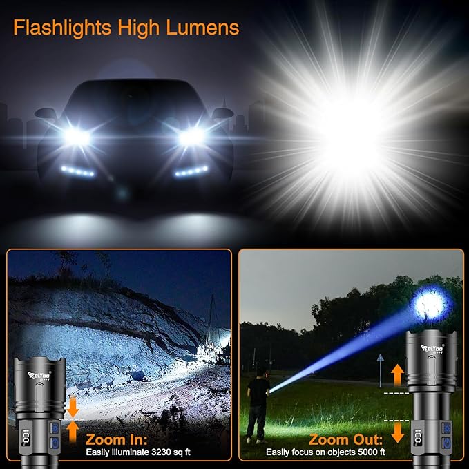 Relybo Rechargeable Flashlights High Lumens, LED Flashlight 100000 Lumens, Super Bright High Powered Flashlights, Long Rang 5000 FT, 2 Switch, Powerful Flashlights for Home Emergency Camping
