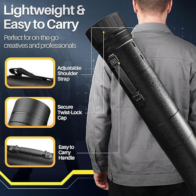 Flexzion Poster, Art, Document Tube with Strap, Expandable Waterproof Plastic Container, Telescoping Cylindrical Storage Case, Portable Paper Holder for Draft Sketch Blueprint, 4.7 IDx31.7-51.2 Inch