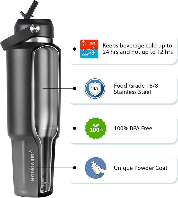 HYDROWION 40 oz Insulated Water Bottle, Car Water Bottle Holder - Double Wall Vacuum Insulated Travel Bottle with Straw Lid, Spout Lid and Flex Cap - Cold for 24H, Hot for 12H, Black - Grey