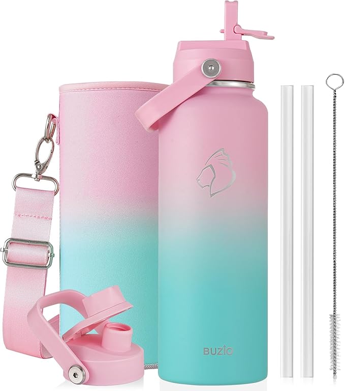 BUZIO 40 oz Insulated Water Bottle, Triple Wall Vacuum Stainless Steel Water Flask with 2 lids, Lead-Free BPA-Free Straw Lid Sports Canteen Jug, Cold 48H & Hot 24H, Bubble Gum