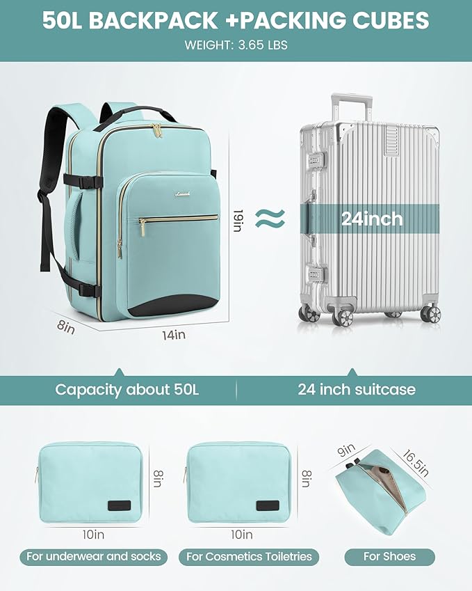 LOVEVOOK Travel Backpack for Women & Men 50L,Airline Approved Carry On Backpack Travel Essentials,TSA Carry on Luggage,Waterproof Personal Item Travel Bag,Suitcase with 3 Packing Cube,Mint green-Black