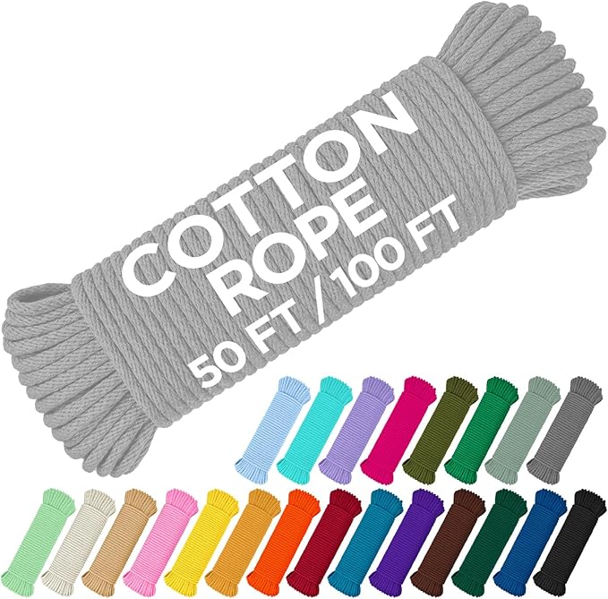 TECEUM Cotton Rope 3/16” (5 mm) – 100 FT – Strong All-Purpose Braided Rope – Natural Cotton – for Crafting, Сamping, Clothes Line, DIY, Indoor & Outdoor Use – Light Gray