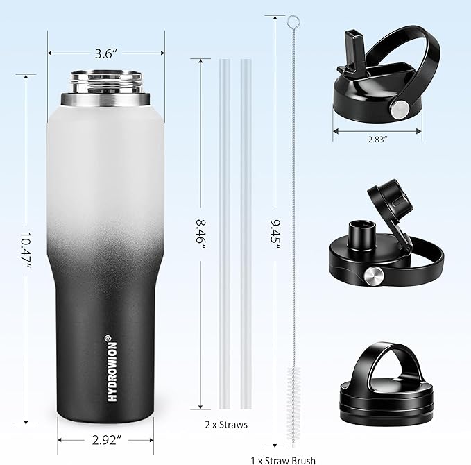 HYDROWION Insulated Water Bottle, 32oz Water Bottle with Straw Lid, Double Walled Leak Proof 32oz Vacuum Bottle (Cold for 48 Hrs,Hot for 24 Hrs) Fit in Any Car Cupholder, White&Black